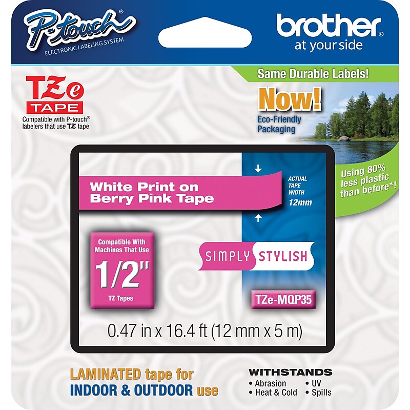 Brother P-touch TZe-MQP35 Laminated Label Maker Tape, 1/2" x 16-4/10', White on Berry Pink (TZe-MQP35) image 1