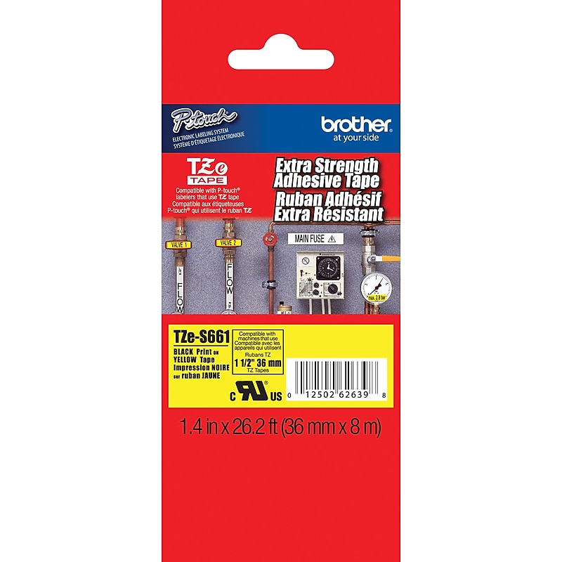Brother P-touch TZe-S661 Laminated Extra Strength Label Maker Tape, 1-1/2" x 26-2/10', Black on Yellow (TZe-S661) image 1