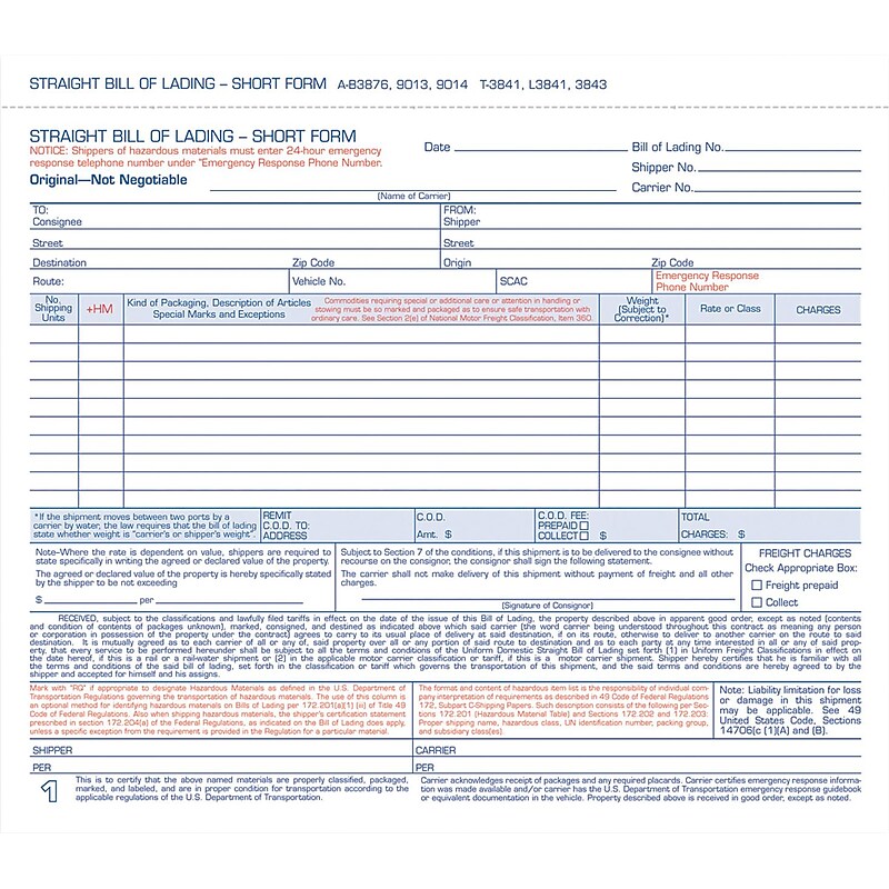Tops® Snap-Off® Bill Of Lading, Short Forms, 4 Part, 8-1/2" x 7" image 1