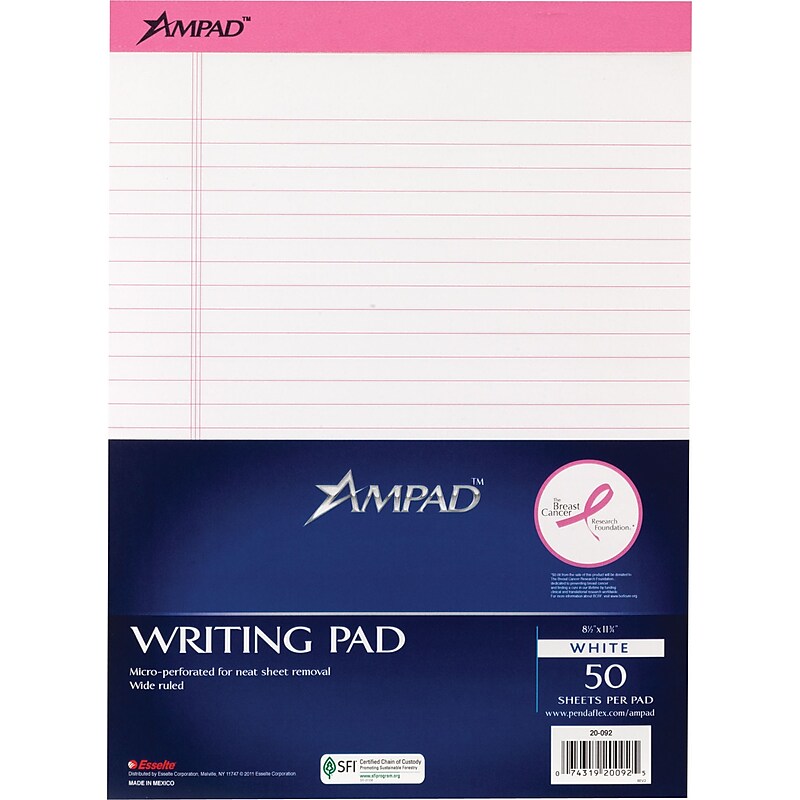 Ampad® PInk Ribbon Perforated Writing Pad, Wide Rule image 1
