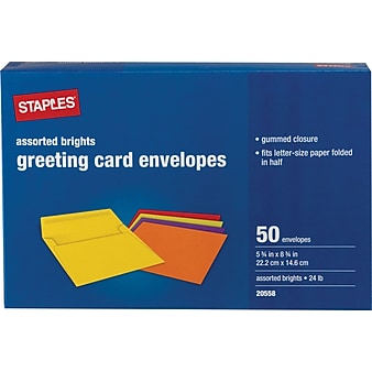 Staples Gummed Envelopes, 5-3/4" x 8-3/4", Multicolor, 50/Box (20558)