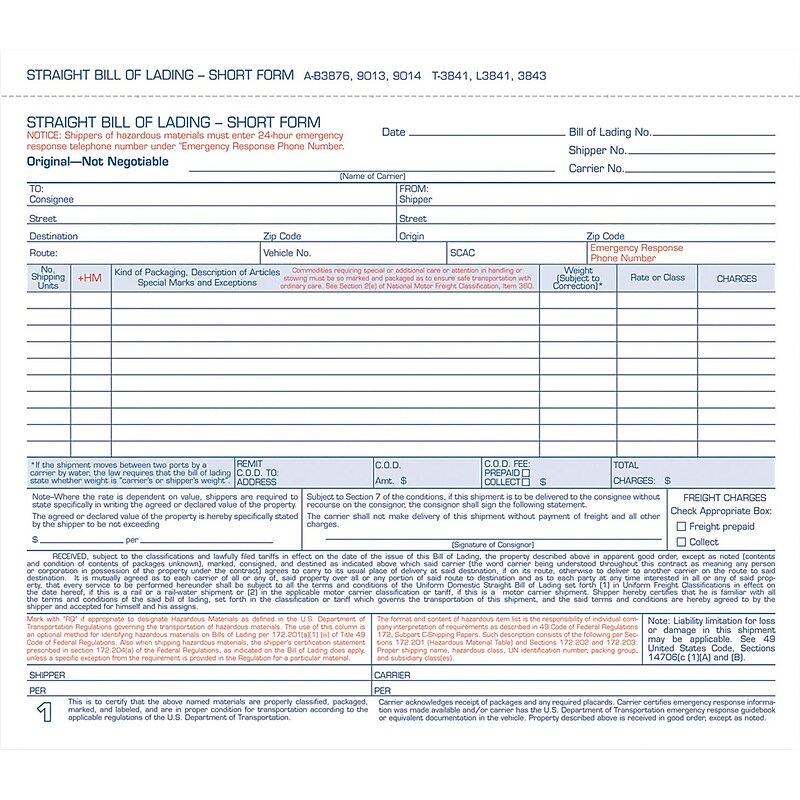 Adams 3-Part Carbonless Bill of Lading, 8-1/2" x 7-7/16", 50 Sets/Book (9013) image 1