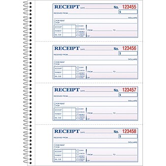 Adams® Carbonless Receipt Book, 3" x 8", 2-Part, 200 Sets/Book (SC1182)