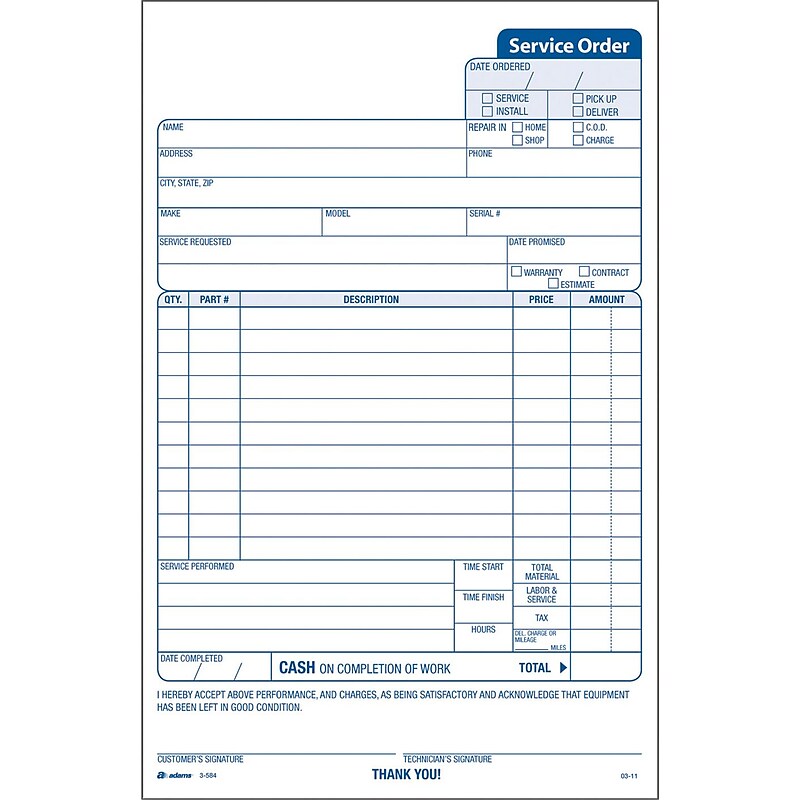 Adams 3-Part Carbonless Work Orders, 5-2/3" x 9", 250 Sets/Book (3-584) image 1