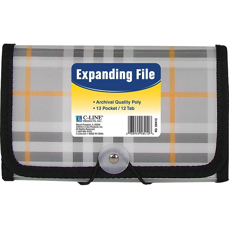 C-Line Expanding Accordion File, 13 Pocket, Clear Plaid, Each (CLI58412) image 1