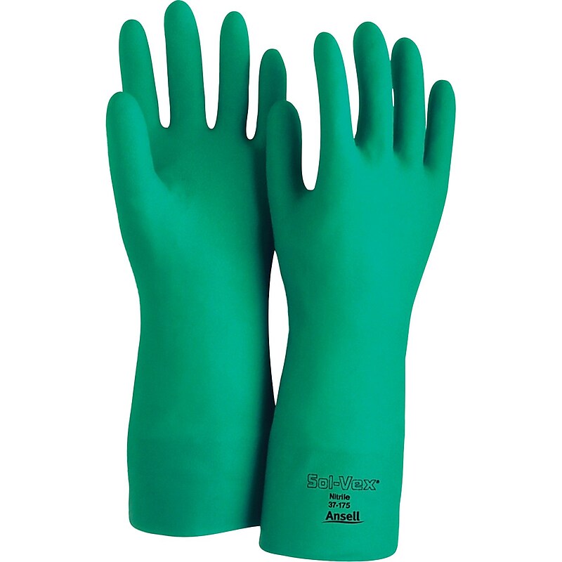 Ansell Sol-Vex Unsupported Nitrile Gloves, Flock Lined, Straight Cuff, Size 10, Green, 12 Pair/Box (37-175-10) image 1