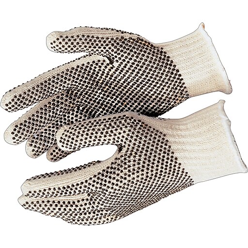 Memphis Gloves® 1 Side Dot String Knit Gloves, PVC, KnitWrist Cuff, Large, Natural, 12 Pairs at