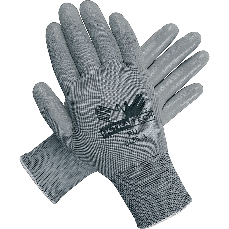 Memphis Gloves® UltraTech® Coated Gloves, Polyurethane, Hemmed Cuff, L Size, Grey, 12 Pairs image 1