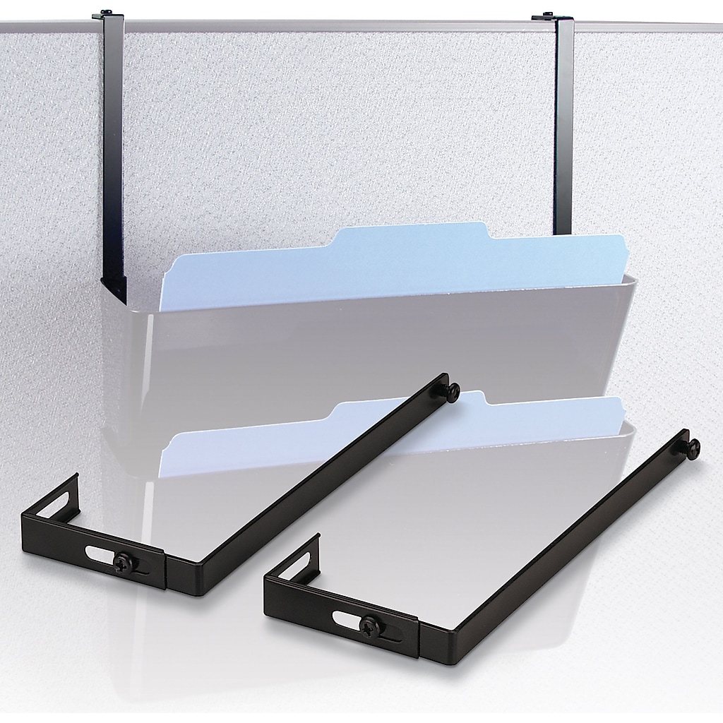 Black metal partition/file hangers attached to a metal partition with hanging folders