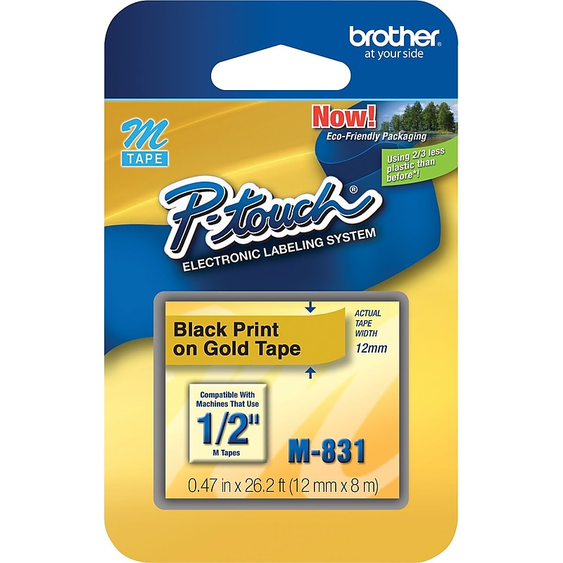 Brother P-touch M-831 Label Maker Tape, 1/2" x 26-2/10', Black on Gold (M-831) image 1