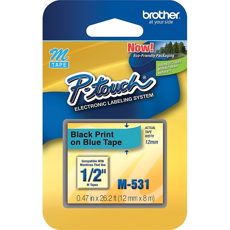 Brother P-touch M-531 Label Maker Tape, 1/2" x 26-2/10', Black on Blue (M-531) image 1