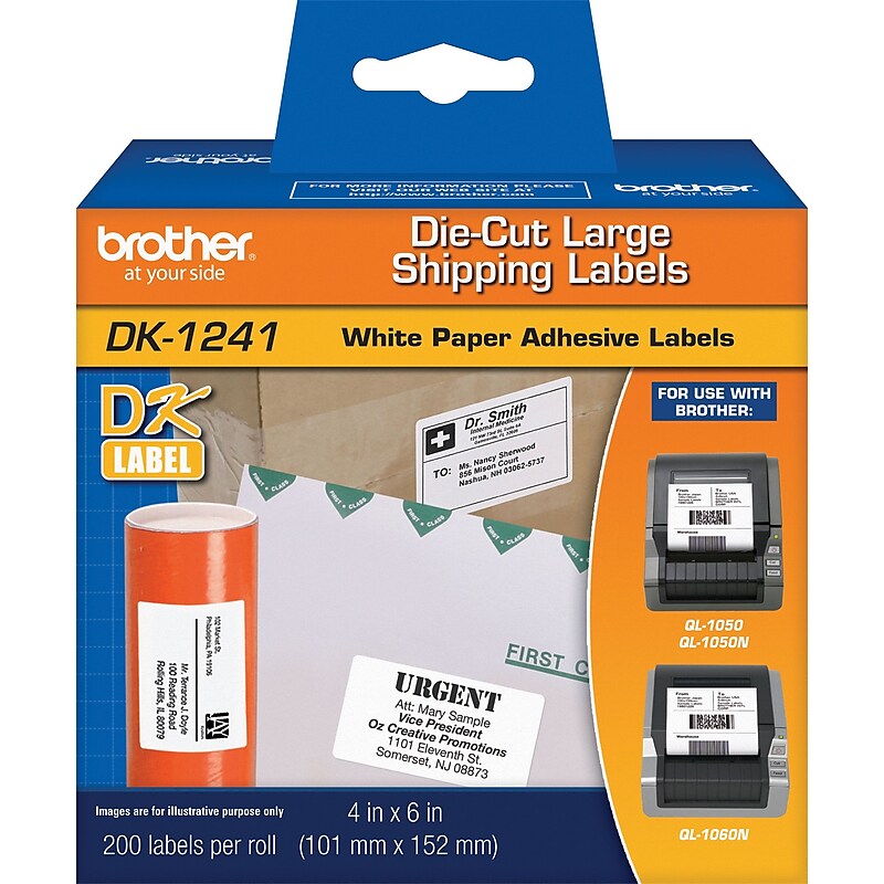 Brother DK-1241 Large Shipping Paper Labels, 6" x 4", Black on White, 200 Labels/Roll (DK-1241) image 1