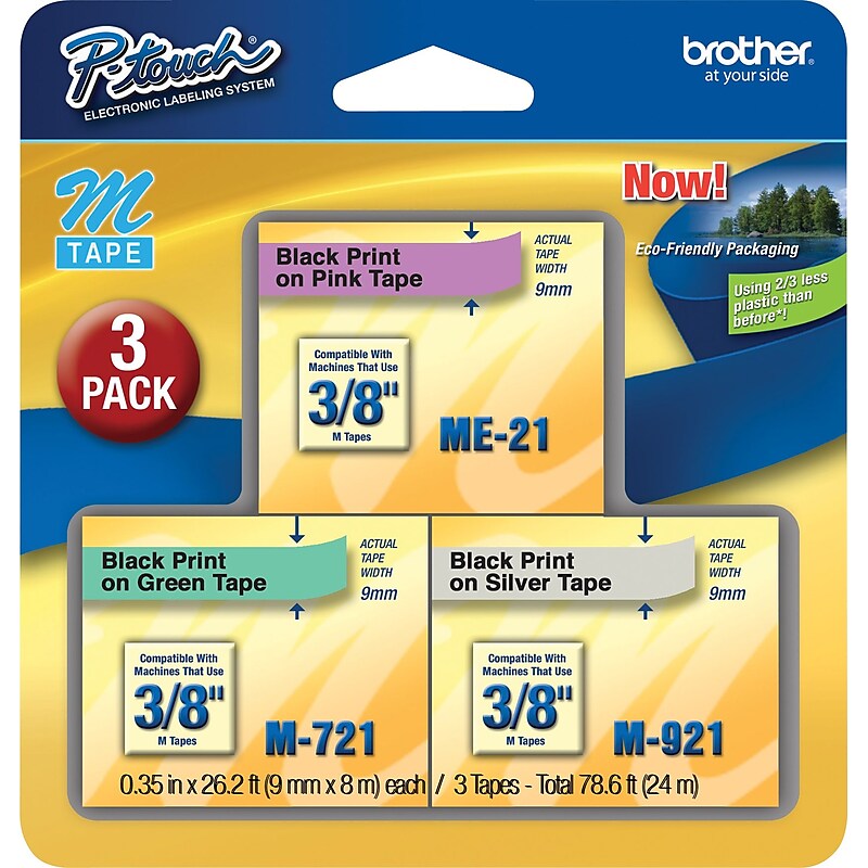 Brother P-touch M-E793 Label Maker Tape, 3/8" x 26-2/10', Black on Assorted Colors, 3/Pack (M-E793) image 1