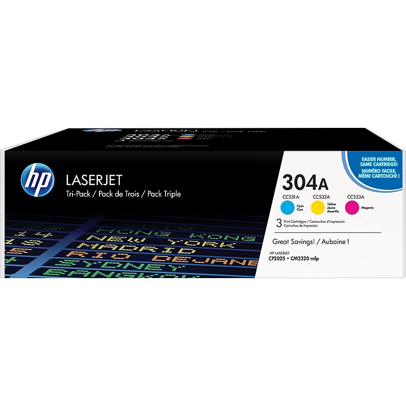 HP 304A Cyan/Magenta/Yellow Standard Yield Toner Cartridge, 3/Pack (CF340A) image 1