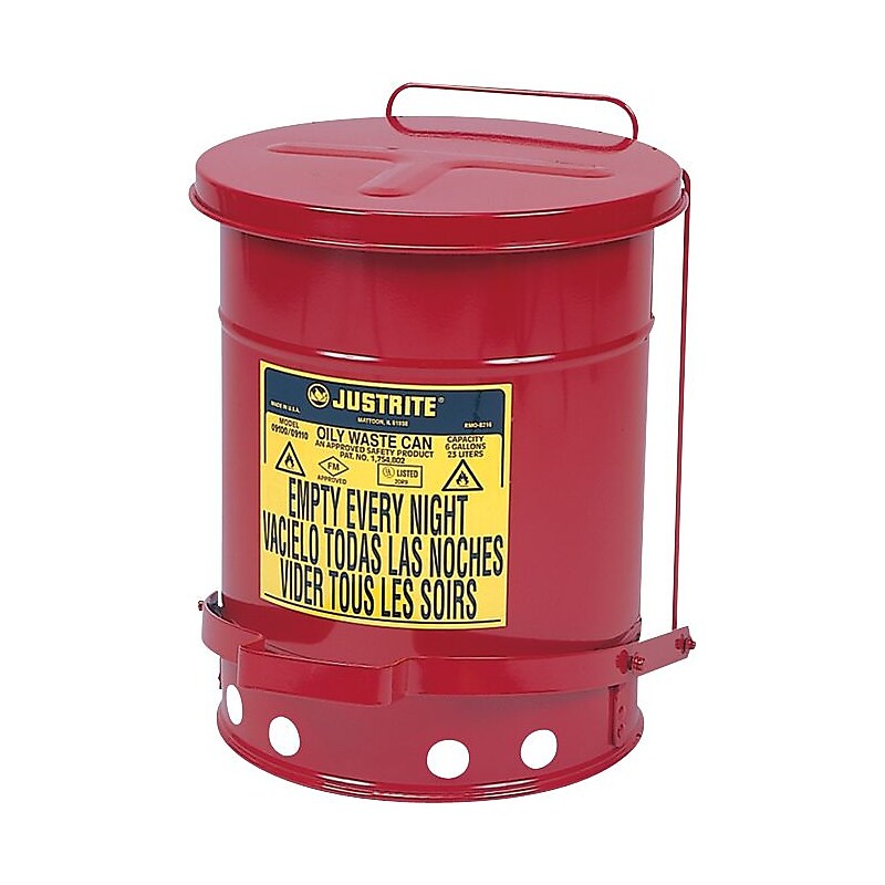 Justrite® Oily Waste Can With Foot-Operated Self-Closing Cover, UL, Red, Capacity 6 Gallons image 1