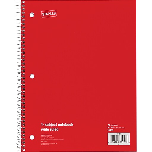 Staples® 1 Subject Notebook, Wide Ruled, 8" x 101/2", Red Staples