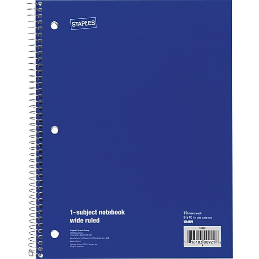 Staples® 1 Subject Notebook, Wide Ruled, 8" x 101/2", Blue Staples
