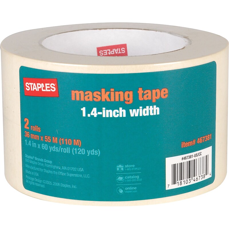 Staples Masking Tape, 1.4"W x 60 yrds, Natural, 2 Roll/Pk (467381) image 1