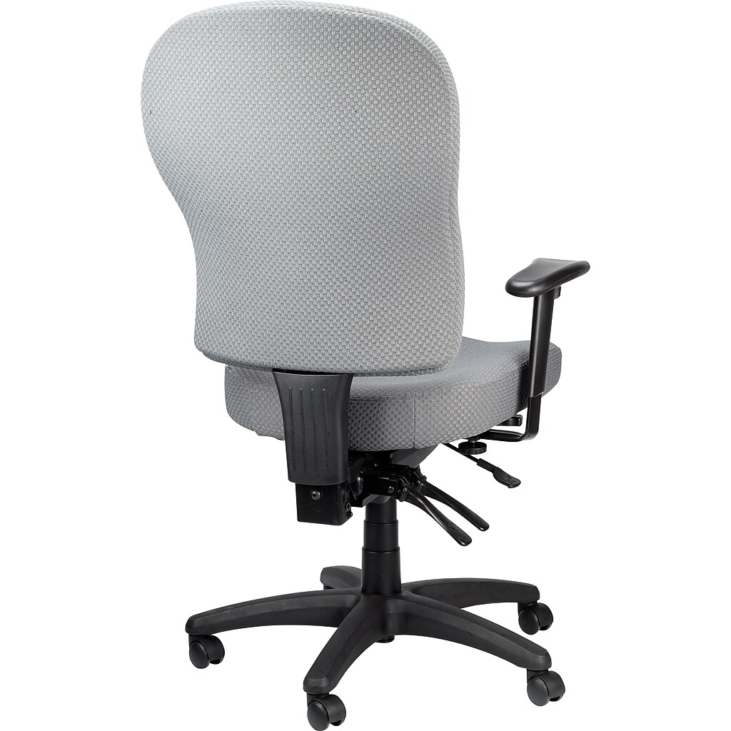 Back-left view of grey fabric task chair showing backrest and armrest