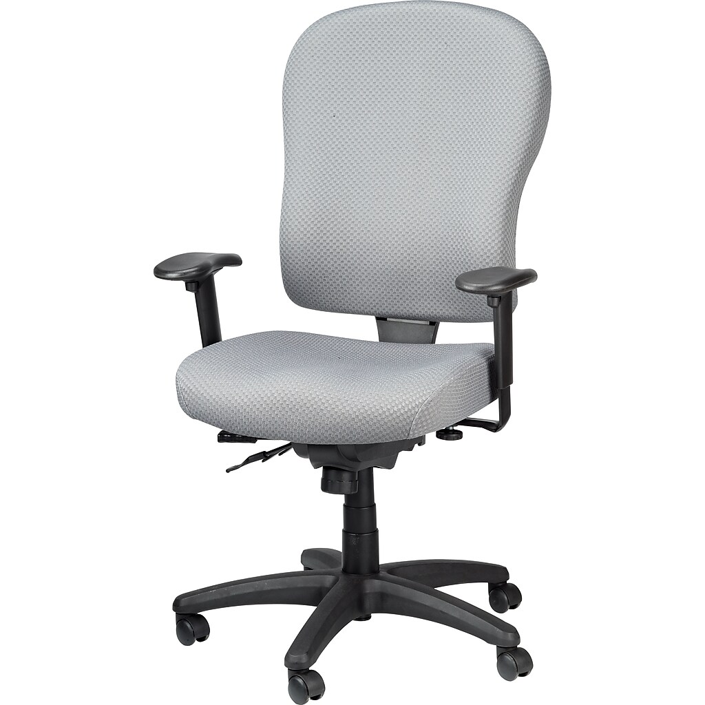 Front-right angle of grey fabric task chair showing seat and wheels