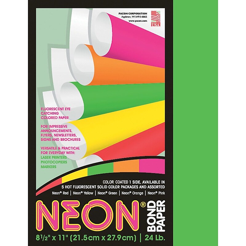 Pacon Neon Paper, 8-1/2" x 11", Green, 100 Sheets/Pack (104317) image 1