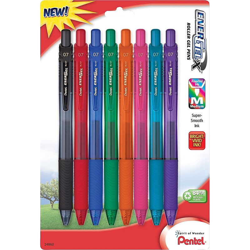 Pentel  EnerGel-X RollerGel Retractable Gel Pens, Medium Point, Assorted Ink Colors, 8/Pack (BL107CRBP8M) image 1