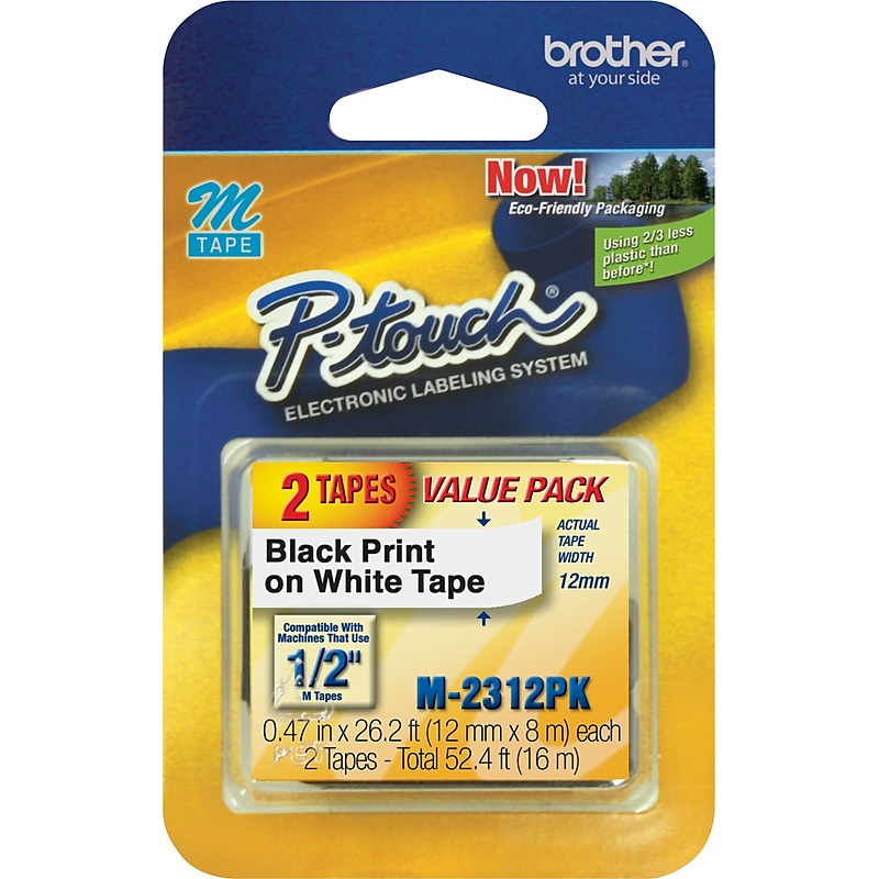 Brother P-touch M-231 Label Maker Tape, 1/2" x 26-2/10', Black on White, 2/Pack (M-2312PK) image 1