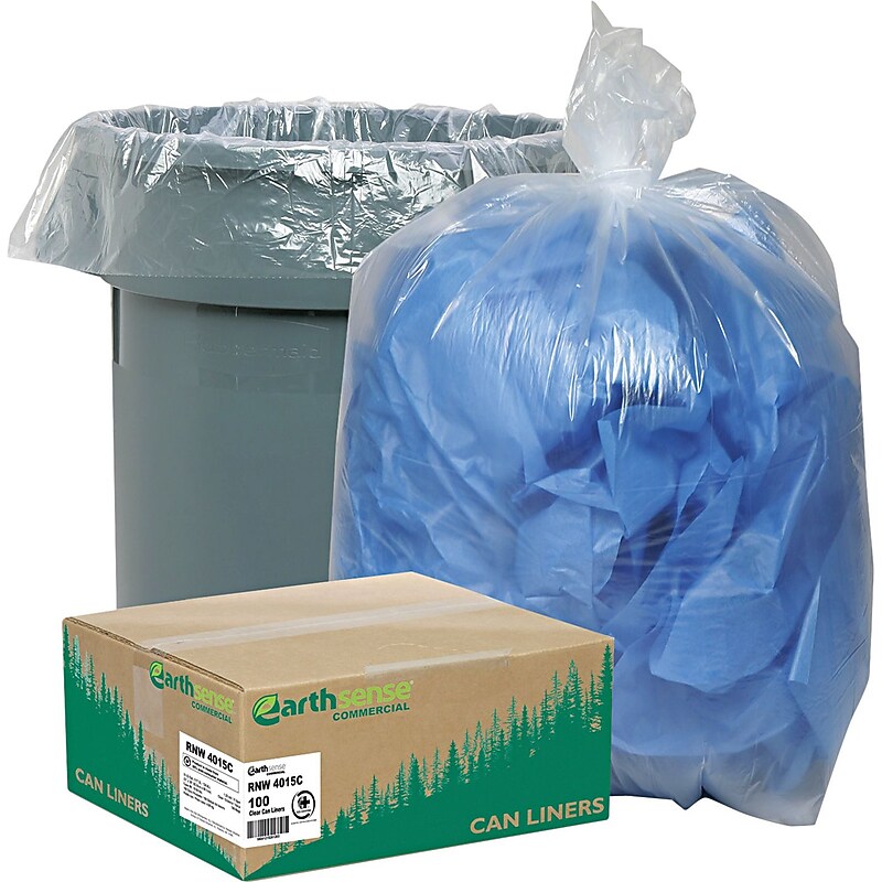 Earthsense® Clear Recycled Can Liners, Low Density, 31-33 Gallons, 1.25 mil, 33" x 39", Clear, 100/Ct image 1