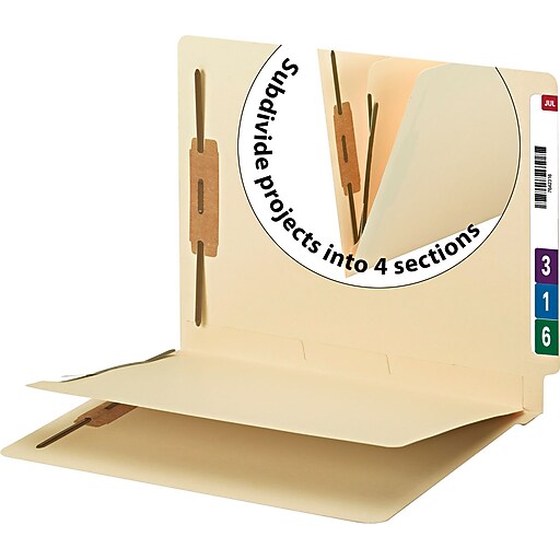 Smead Reinforced EndTab Fastener Folders with Divider, 2Fasteners, Letter Size, Manila, 50/Box