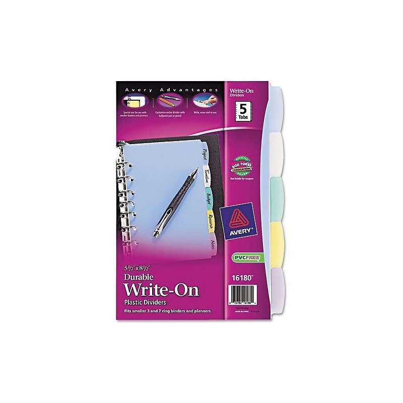 Avery Mini Write & Erase Plastic Blank Dividers, 5-Tab, Assorted Colors, 5/Pack (16180) image 1