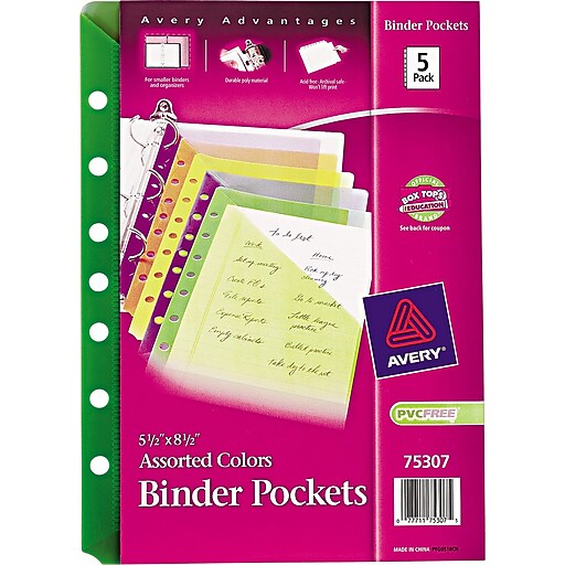 Avery Polypropylene/PP Binder Pockets, Assorted Colors, 5/Pack (75307