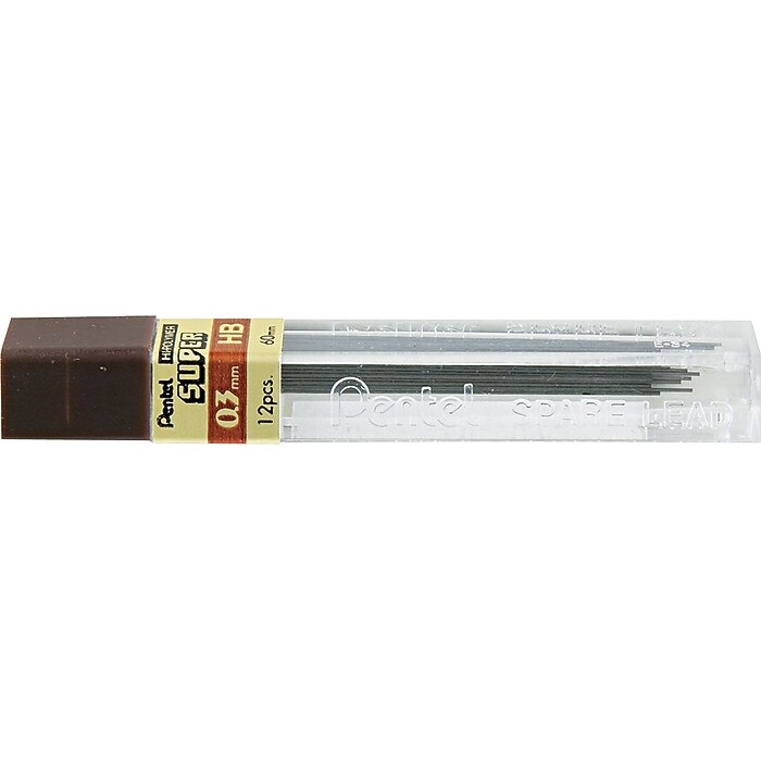Pentel Super Hi-Polymer Refill Leads For Mechanical Pencils - HB, 0.3 Mm, Tube Of 12