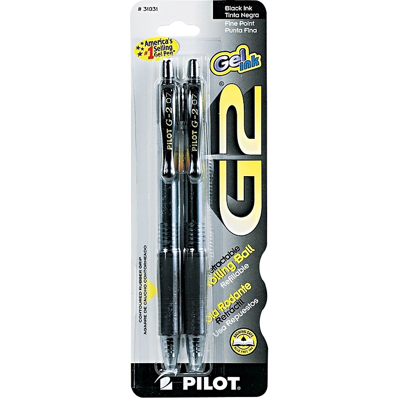 Pilot G2 Retractable Gel Pens, Fine Point, Black Ink, 2/Pack (31031) image 1