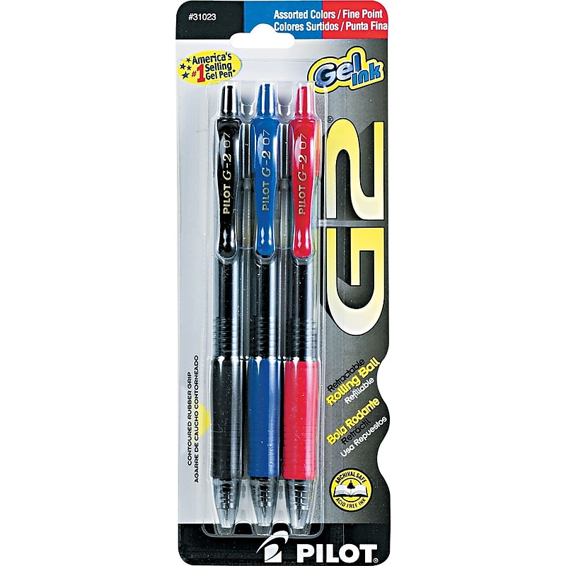 Pilot G2 Retractable Gel Pens, Fine Point, Assorted Ink, 3/Pack (31023) image 1