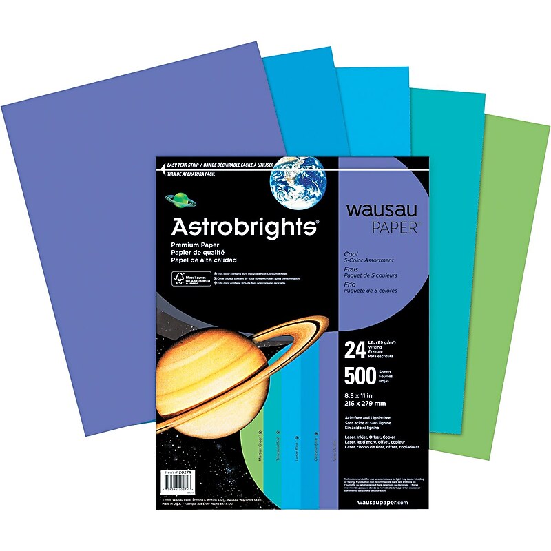 Wausau™ Astrobrights® Colored Paper, 8 1/2" x 11", Assorted Cool Colors, Ream image 1