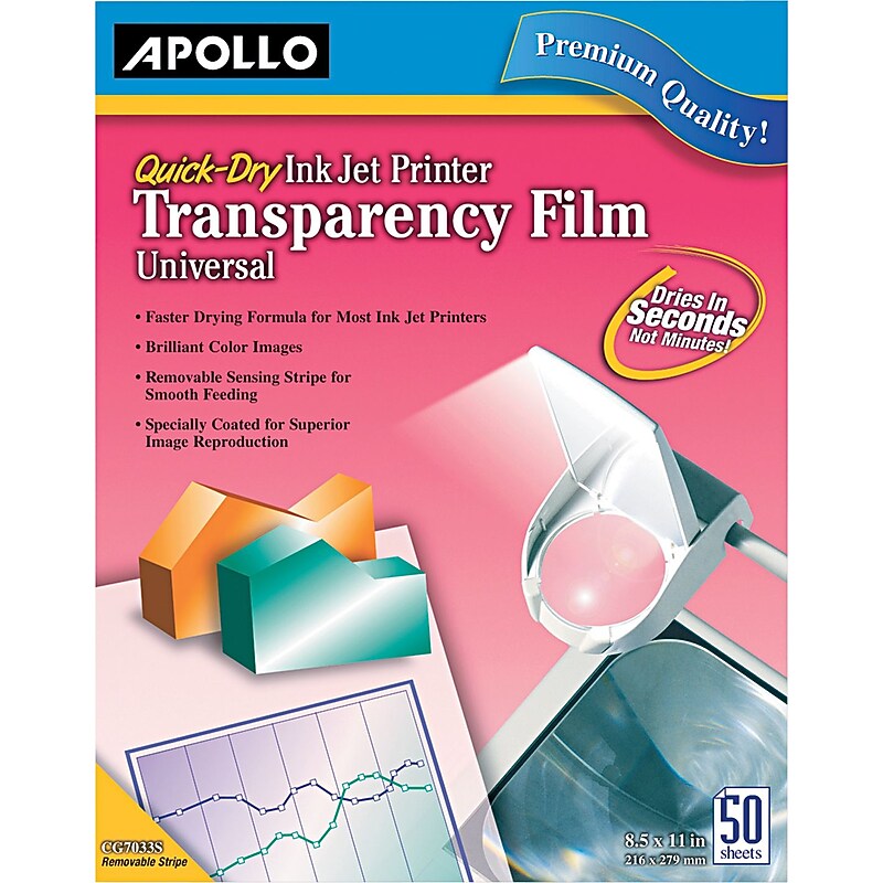Apollo Inkjet Printer Transparency Film, Clear, 8.5" x 11", 50/Box (CG7031S) image 1