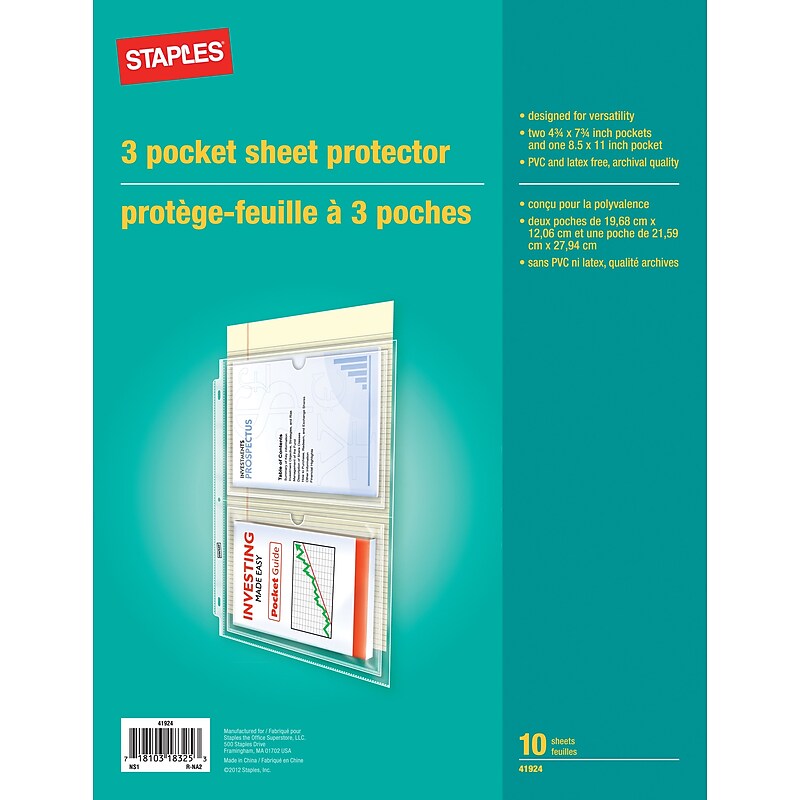 Staples Standard Weight Sheet Protectors, 8.5" x 11", Clear, 10 Sheets/Pack (41924) image 1