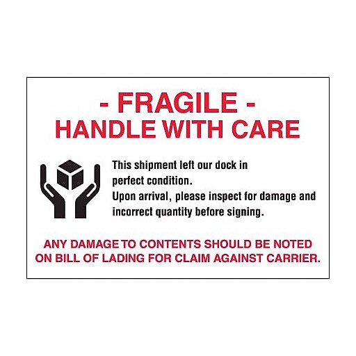 Tape Logic Labels, "Fragile Handle With Care", 4" x 6", Red/White/Black, 500/Roll Staples