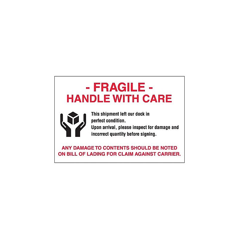 Tape Logic Labels, "Fragile - Handle With Care", 4" x 6", Red/White/Black, 500/Roll image 1