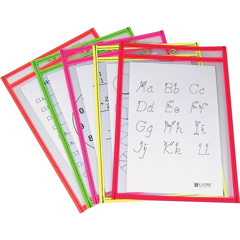C-Line 9" x 12" Reusable Dry Erase Pocket, Assorted Neon Colors, 10/Pack (CLI40810) image 1