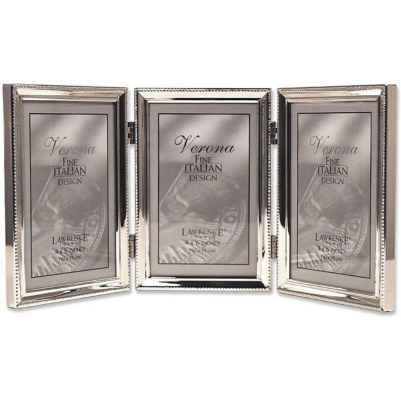 Lawrence Frames Polished Silver Plate 4"x 6" Hinged Triple Picture Frame - Bead Border Design image 1