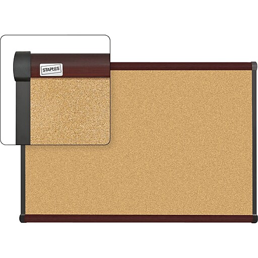 Staples Cork Bulletin Board, Mahogany Finish Frame, 3' x 2' Staples