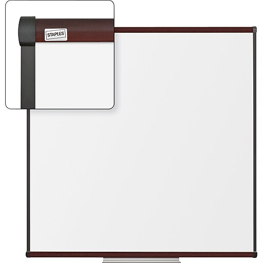 Staples DryErase Whiteboard with Tray, Mahogany Frame, 4' x 4' Staples