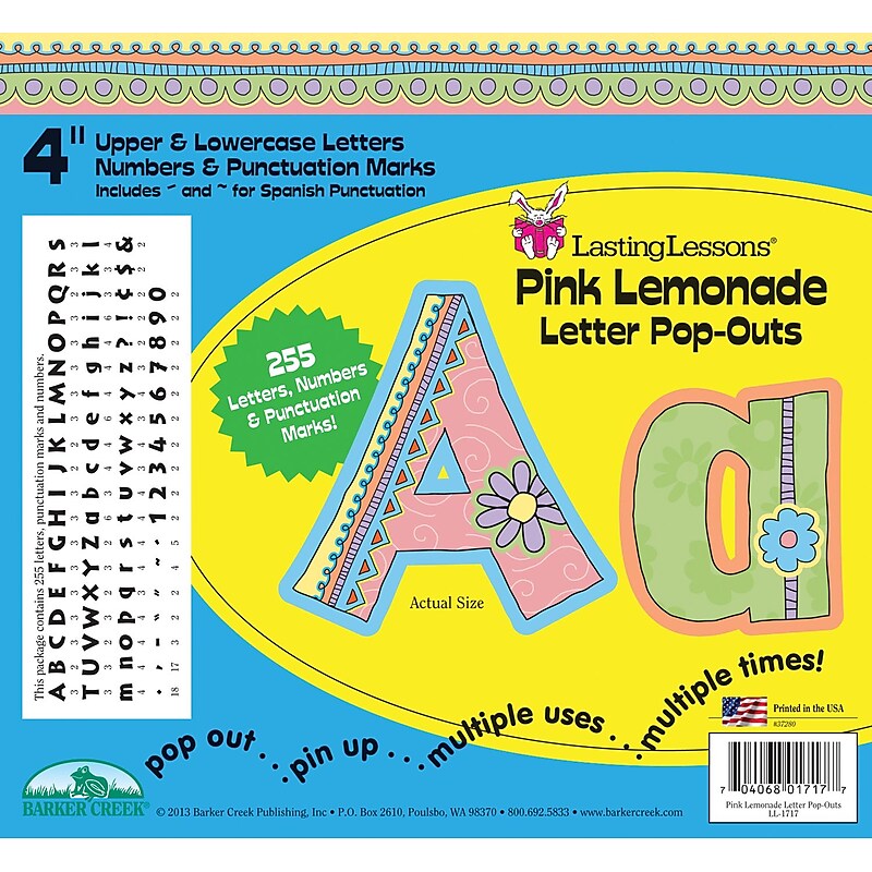 Barker Creek Pink Lemonade  4" Letters and Numbers, Multicolored, 255/Pack (LL1717) image 1