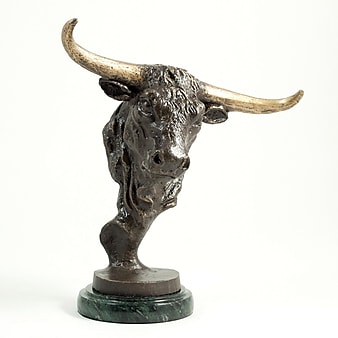Bey-Berk B200 Bronzed Bull Head Sculpture, Marble Base