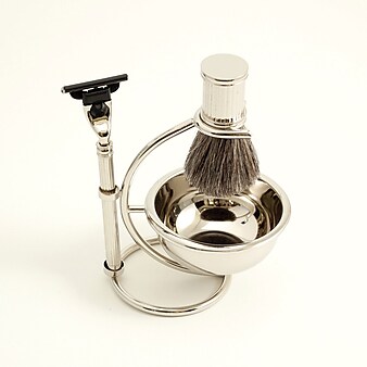 Bey-Berk BB12 Mach 3 Razor and Pure Badger Brush With Soap Dish on Chrome Stand
