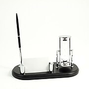 Bey-Berk Wood Based Pen Stand with Three Minute Sand Timer and Card Holder, Black and Silver (D819)