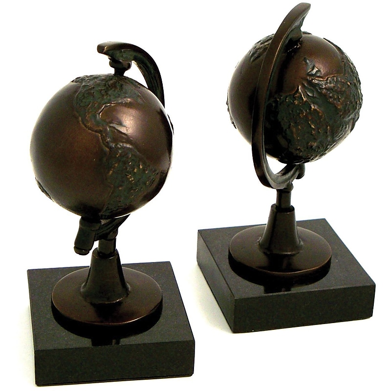 Bey-Berk Metal Globe Book Ends, 8"H, Bronze (R15N) image 1
