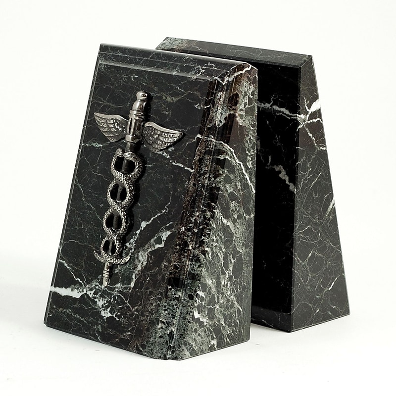 Bey-Berk Marble Fancy Beveled Medical Caduceus Book Ends, 7.25"H, Antique Silver/Black (R19M) image 1