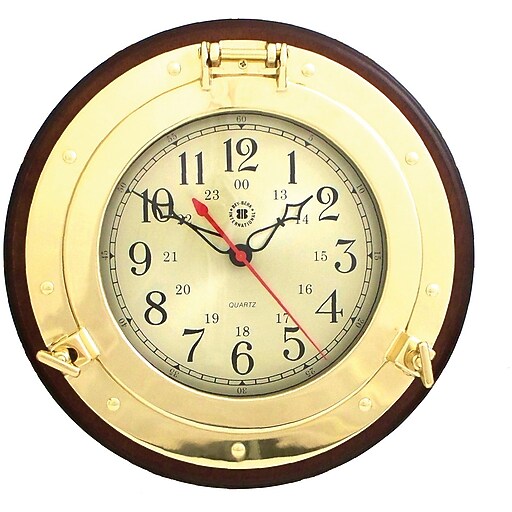 BeyBerk SQ500 Brass/Solid Wood Porthole Clock at Staples